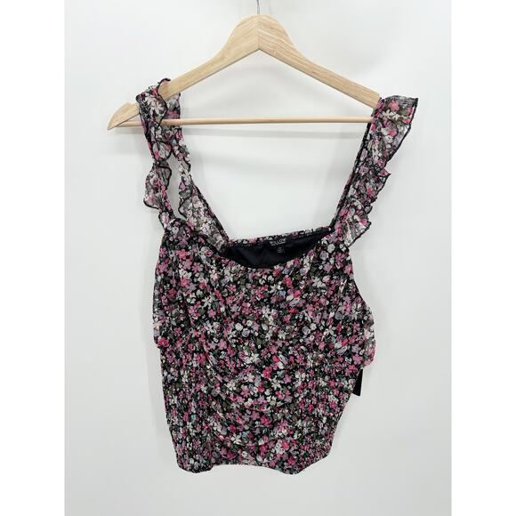 Willow Tops - Willow Black Pink Microfloral Ruched Smock Ruffle Sleeve Tank Top Women 2X NWT